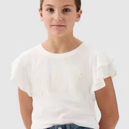 GAP Girls Brand Logo Embroidered Pure Cotton Flutter Sleeves T-Shirt-image-8