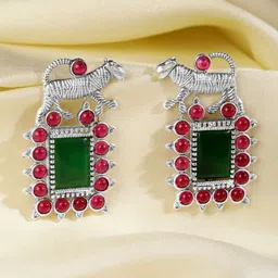 Rubans Silver Plated Emerald & Zirconia Studded Oxidised Drop Earrings-67