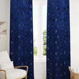 B' Decorlish Navy Blue 2 Pieces Ethnic Motifs Printed Room Darkening Velvet Door Curtain-46