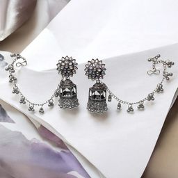 MEIRA JEWELLERY Silver-Plated Artificial Stones Studded Contemporary Jhumkas-picture-3
