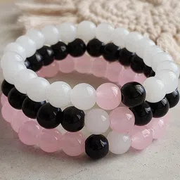 Rodya Unisex White Black & Pink Set Of 3 Elasticated Ceramic Bracelet-image-7