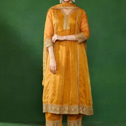 Jaipur Kurti Floral Embroidered V-Neck Organza A-Line Kurta With Trousers & Dupatta-49