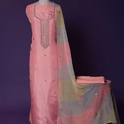 ZARI Floral Embroidered Sequinned Pure Silk Unstitched Dress Material-12