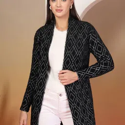 Juelle Geometric Printed V-Neck Long Sleeves Open Front Longline Wool Shrug-12
