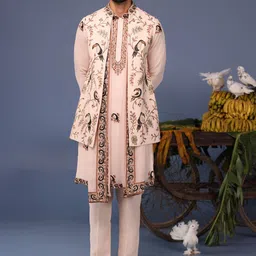 KALPRAAG Men Floral Embroidered Regular Sequinned Kurta with Trousers & With Dupatta-image-48