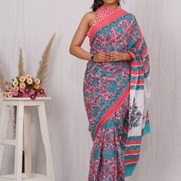 Craft Musium Floral Printed Pure Cotton Block Print Saree With Blouse Piece-picture-37