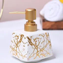 MARKET99 Off White & Gold-Toned Abstract Printed Glossy Ceramic Soap Dispenser-1