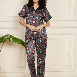 Fbella Women Printed Lapel Collar Short Sleeves Night suit-image-5