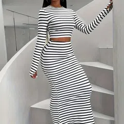 KPOP Striped Round Neck Long Sleeves Top With Maxi Skirt Co-Ords-picture-20