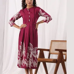 Kaftanize Floral Print Fit & Flare Midi Dress-80