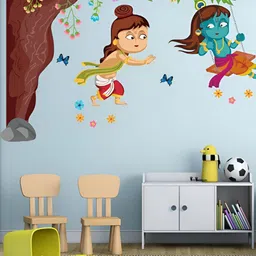 LANSTICK Green & Blue Tree With God Krishna Self Adhesive Wall Sticker-26