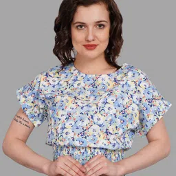Kiarabel Retail Floral Print Flutter Sleeve Blouson Crop Top-14