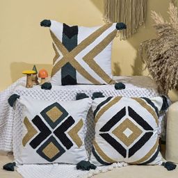 ANWYN White & Black Set of 3 Embroidered Square Cushion Covers-29