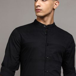 HIGHLANDER Men Band Collar Horizontal Striped Cotton Casual Shirt-image-40