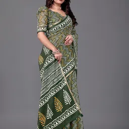 GRIOPY Ethnic Motifs Printed Zari Pure Linen Saree-3