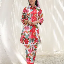 Rain & Rainbow Printed Shirt Collar Pure Cotton High Low Tunic With Trousers-image-34