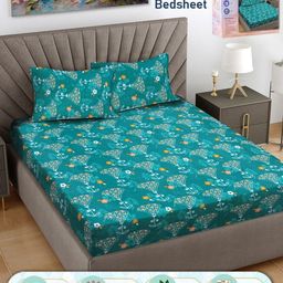 FABINALIV Turquoise Blue & White Floral 300 TC King Bedsheet with 2 Pillow Covers-image-56