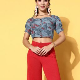 Moda Rapido Floral Print Puff Sleeve Crepe Crop Top-picture-47