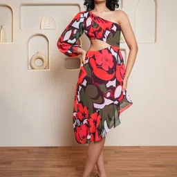 PURVAJA Women Floral Printed One Shoulder Puff Sleeves Drop-Waist Midi Dress-image-68