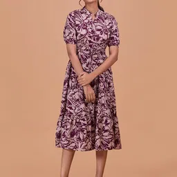 Fashfun Floral Print Puff Sleeve Fit & Flare Midi Dress-image-3
