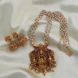 Rujve Jewellery Gold-Plated Stone Studded & Pearls Beaded Lakshmi Goddess Jewellery Set-picture-47