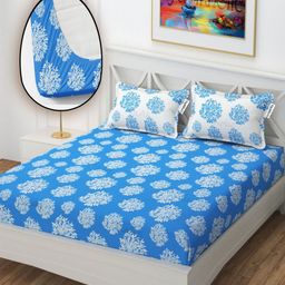YaAkholic Blue & Off White 210 TC Queen Bedsheet with 2 Pillow Covers-image-90