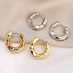 FIMBUL Set Of 2 Rhodium-Plated Textured Circular Shaped Hoop Earrings-8