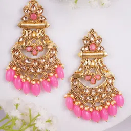 Adwitiya Collection Gold-Plated Stones Studded & Pearl Beaded Peacock Shaped Drop Earrings-image-64