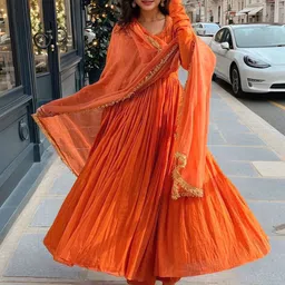GoSriKi Round Neck Pleated Anarkali Kurta With Trousers & Dupatta-picture-14