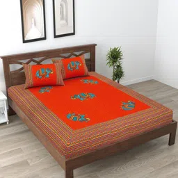 Aura Red Ethnic Motifs Printed Pure Cotton 120 TC Queen Bedsheet Set 2.35 x 2.15m-image-16
