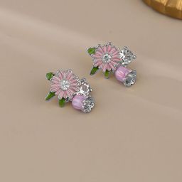 VAGHBHATT Silver-Plated Crystals Studded Floral Shaped Drop Earrings-image-91