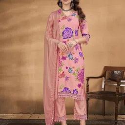 Anouk Floral Printed V-Neck Three-Quarter Sleeves Straight Kurta With Trouser With Dupatta-picture-8