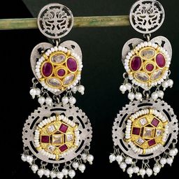 Sangria Silver-Plated Artificial Stones Studded And Beaded Contemporary Drop Earrings-5