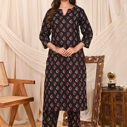 Aktasa Floral Printed Notch Neck Pure Cotton Straight Kurta With Trousers-picture-45