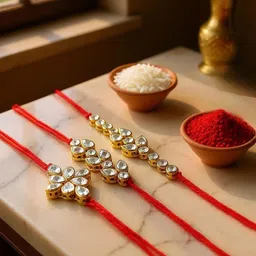 LUCKY JEWELLERY Set Of 3 Gold-Plated Rakhi With Roli Rice & Greeting Card-58
