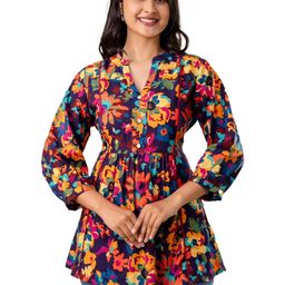 RAISHREE Floral Printed Mandarin Collar Cotton Peplum Top-image-100