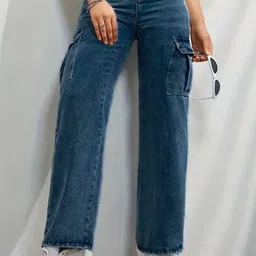 Glossia Nova Women Comfort Wide Leg High-Rise Acid Wash Stretchable Cargo Jeans-picture-10