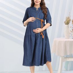 MomsBae Women Denim Maternity A-Line Midi Dress-image-10