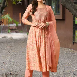Navlik Floral Printed Sequinned Pleated A-Line Chanderi Silk Kurta With Trousers & Dupatta-15