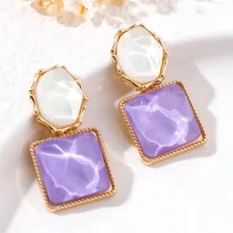 COOLWOOL Gold-Plated Artificial Stones Studded Square Drop Earrings-16