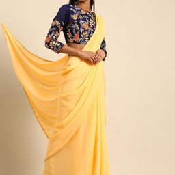 KALINI Yellow Printed Polycotton Block Print Saree-image-17