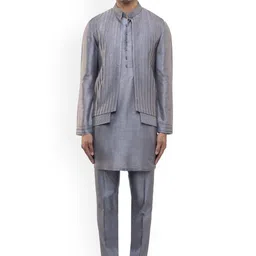 SDS By Kushal Shah Mandarin Collar Silk Straight Kurta With Trousers & Nehru Jacket-image-6