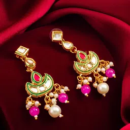 Anouk Gold-Plated Kundan Studded & Pearls Beaded Contemporary Drop Earrings-14