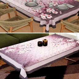 Aura Pink & Purple 2 Pieces Floral Anti-Skid Cotton 6-Seater Table Cover-29