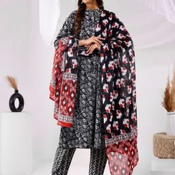 Aspriya Floral Printed Mandarin Collar Pure Cotton A-Line Kurta With Trouser-image-30