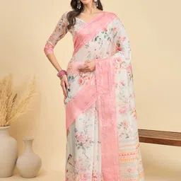 all about you Floral Linen Blend Designer Block Print Saree-image-73