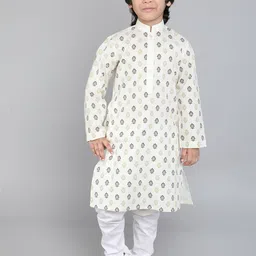 Little Clothings Boys Floral Hand Block Print kurta Paired white churidaar- 1-2y cream-picture-21