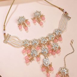 KARATCART Gold Plated Kundan Studded & Beaded Choker Jewellery Set-13