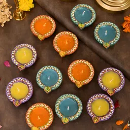 Aapno Rajasthan Blue & Purple 12 Pieces Printed Terracotta Wax Diyas-image-89