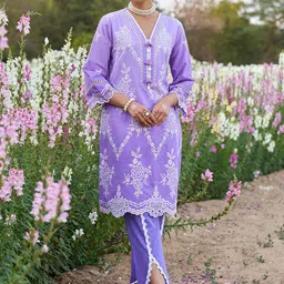 HEEPOSH Embroidered Pure Cotton V-Neck Tunic & TrousersCo-OrdsSet-image-7